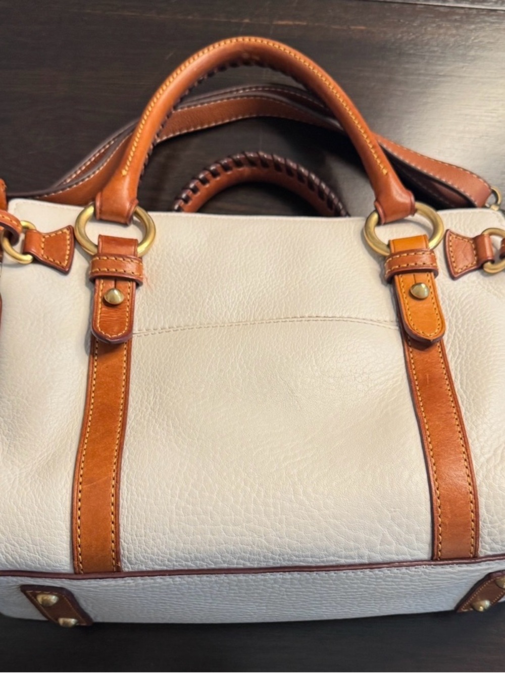 Dooney & Bourke Cream Leather Satchel with Brown Trim and Brass Hardware - Picture 2 of 12